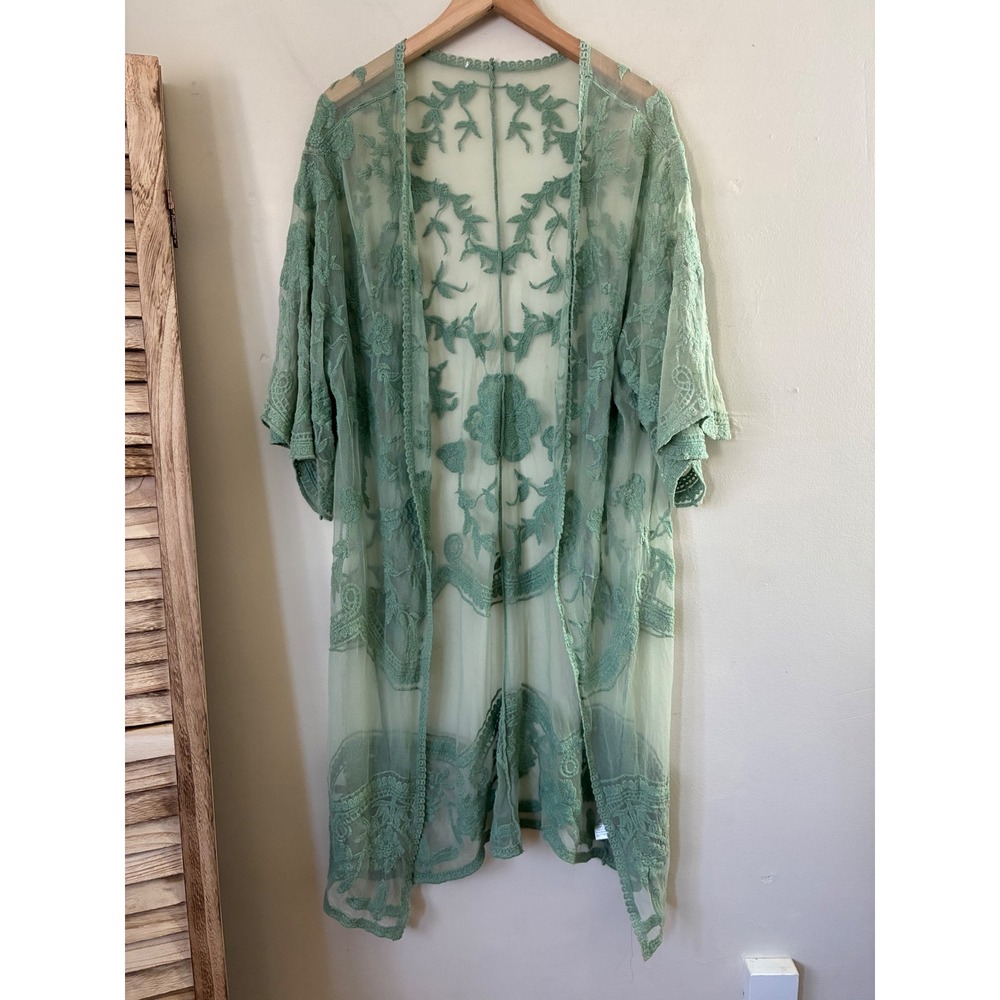 Sage Green Floral Embroidered Mesh Kimono Duster Boho Cottagecore Wrap L